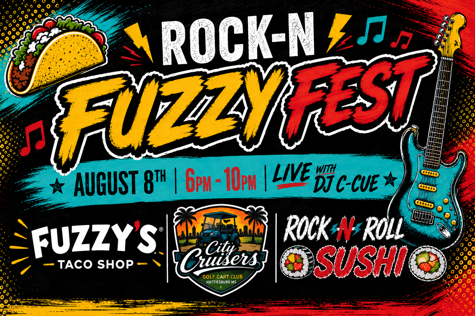 Rock N Fuzzy Fest Flyer featuring DJ C-Cue
